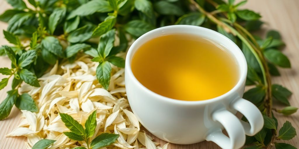 Té blanco en taza con hojas frescas alrededor.