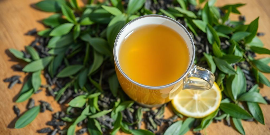 Taza de té blanco con hojas frescas y limón.