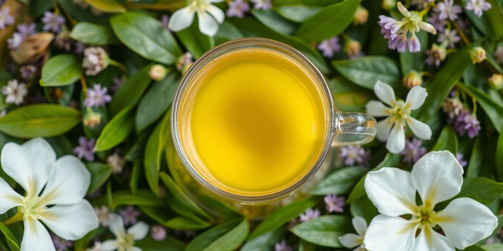 Taza de té blanco con hojas frescas y flores.