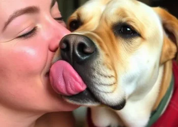 Mujer recibiendo una lamida cariñosa de su perro mientras lo abraza.