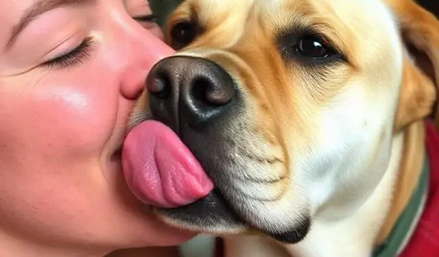 Mujer recibiendo una lamida cariñosa de su perro mientras lo abraza.