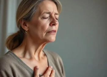 Mujer mayor con dificultad para respirar, sosteniendo su pecho, representando los síntomas del asma