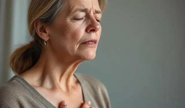 Mujer mayor con dificultad para respirar, sosteniendo su pecho, representando los síntomas del asma