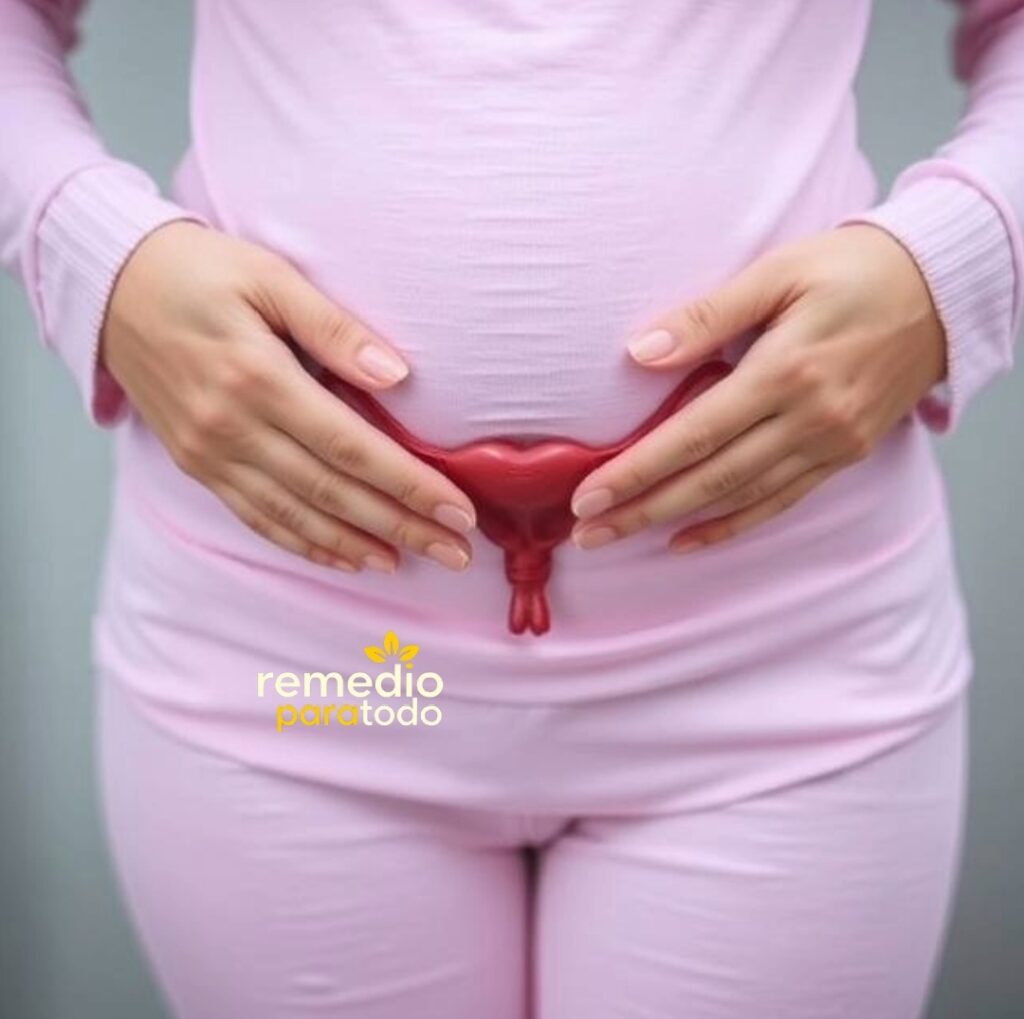 Mujer con ropa rosa sosteniendo un modelo anatómico del útero sobre su vientre.
(Remedio Natural para la Endometriosis)