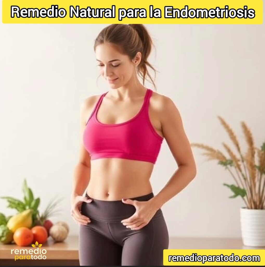 Mujer con ropa deportiva tocando su abdomen, con fondo de frutas y vegetales.