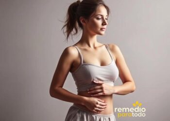 Mujer con dolor abdominal tocándose el vientre.