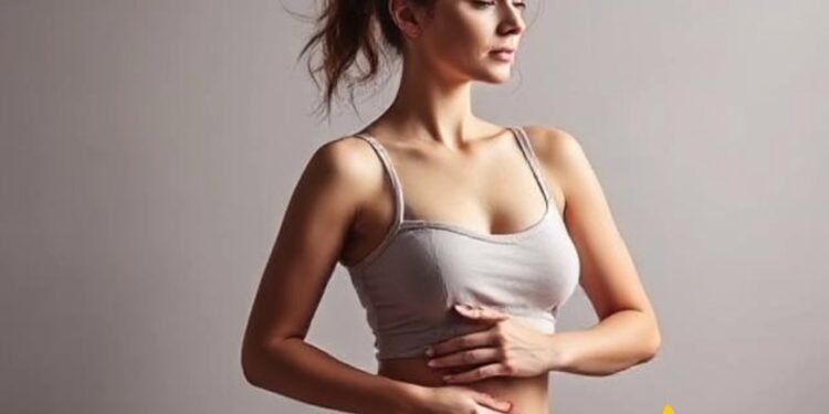 Mujer con dolor abdominal tocándose el vientre.