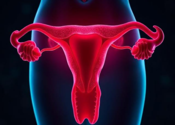 Ilustración 3D brillante del útero y trompas de Falopio en color rojo.