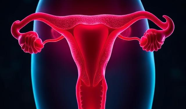 Ilustración 3D brillante del útero y trompas de Falopio en color rojo.